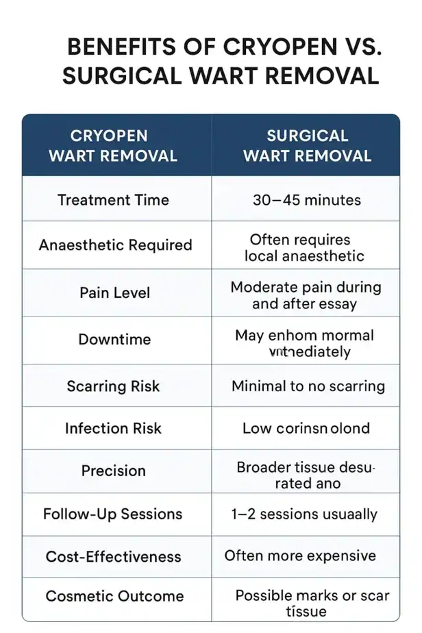 Table showing the benefits of cryopen to remove warts Cheshire compared to surgical treatment